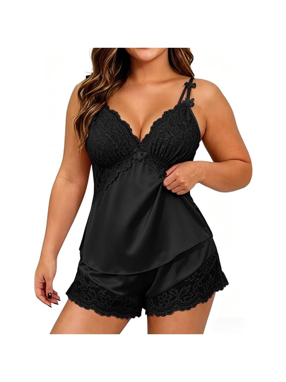 Women Satin Lace Pajama Set V Neck Double Spaghetti Straps Cami Top Lace Trim Shorts Silky Loungewear Sleepwear