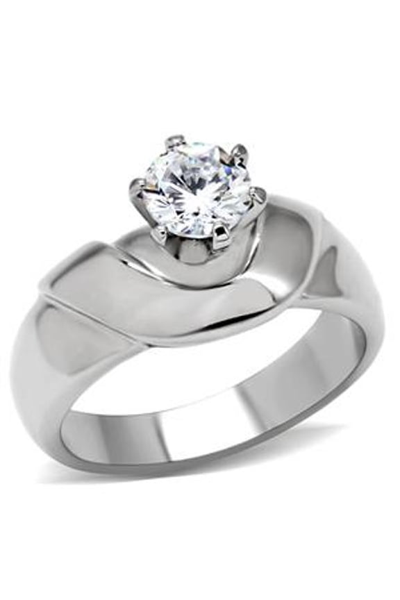 Lanyjewelry 5mm Round CZ Solitaire High Sit Womens Stainless Steel Wedding Ring - Size 7