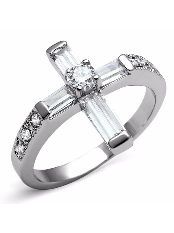 Lanyjewelry Clear CZ Set in 316 Stainless Steel Non Tarnish Christian Cross Ring - Size 6