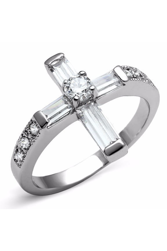 Lanyjewelry Clear CZ Set in 316 Stainless Steel Non Tarnish Christian Cross Ring - Size 6