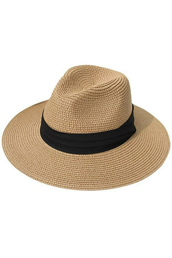 Women Wide Brim Straw Panama Roll up Hat Fedora Beach Sun Hat UPF50+ (Brown)