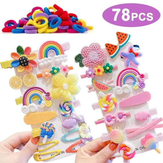 78 PCS Cute Hair Clips & Ties Set - Colorful Flower, Fruit, Rainbow, Candy Hair Accessories for Little Baby, Toddler Girls, Kids, Teens