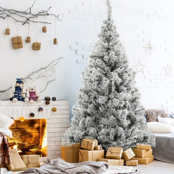 Lanzxjv 1.8m White Flocked Artificial Christmas Tree, Snow Christmas Holiday Pencil Tree, Winter Party Decoration with Realistic Branch, Reinforced Metal Base and Easy to Assembly