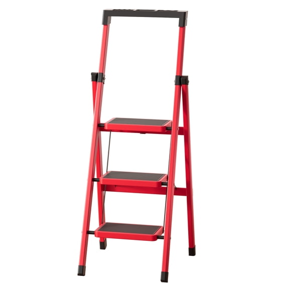 Lanzxjv 3 Step Ladder, Portable Steel Folding Stool with Tool Platform, Wide Anti-Slip Pedal and Anti-Slip Feet for Household, Office, Iron Construction, 150kg Capacity Step Ladder