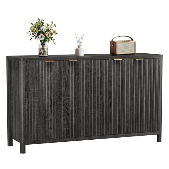 Lanzxjv 55" Modern Buffet Cabinet, Modern Fluted Accent Credenza with 4 Doors, Wood Media Console Coffee Bar Table for Living Room, Kitchen, Dining Room, Hallway, Entryway