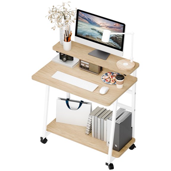 Lanzxjv 80x50cm Small Rolling Computer Desk, Computer Desk for Small Space, 3-Tiers Work Office Desk with Monitor Stand, Small Student Writing Desk