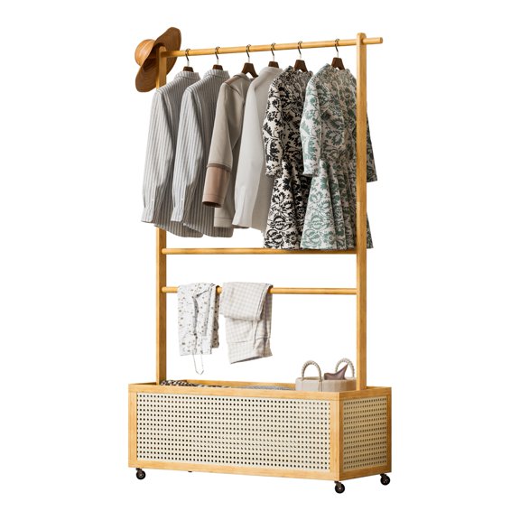 Lanzxjv Bamboo Garment Rack, Entryway Coat Rack with Rattan Bin & Hanging Rod, 360 Degree Casters Wardrobe Closet Clothing Rack for Hanging Clothes