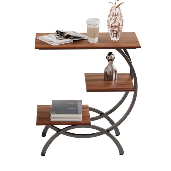 Lanzxjv End Table, Narrow Side Table, C-Shaped End Table, Industrial 3-Tier Small Side Table, Small Storage Side Table for Living Room, Small Space, Dark Brown
