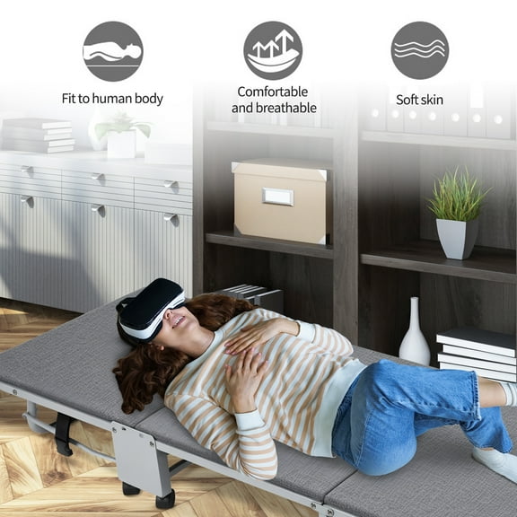 Lanzxjv Foldable Bed, Glamping Cot with Sleeping Pad, 3-Fold Guest Bed, Folding Metal Cot with Thick Mattress Pad, Lounge Chair Sleeping Cot