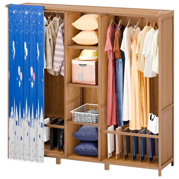 Lanzxjv Freestanding Closet Organizer, Heavy Duty Garment Rack with 2 Hanging Rods, 6 Opening Shelves and Blue Curtain, Wardrobe Closet Clothing Rack for Bedroom, Living Room