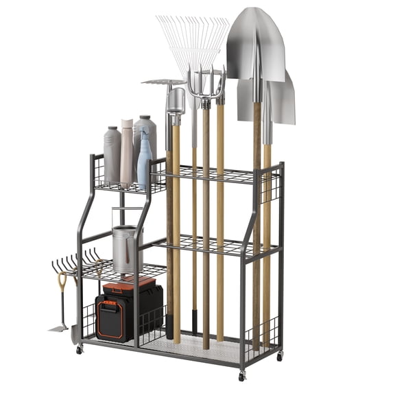 Lanzxjv Garden Tool Organizer with Lockable Wheels, Heavy-Duty Yard Tools Rack for Garage, Shed, Garden, Utility Stand Rack for Rakes Brooms Shovels, Long-Handled Tools
