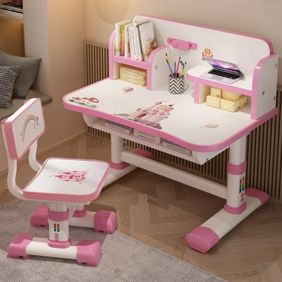 Lanzxjv Kids Functional Desk and Chair Set, Height Adjustable Children School Study Table Chair Set with Cartoon Pattern, Ergonomic Desk Chair with Large Writing Board
