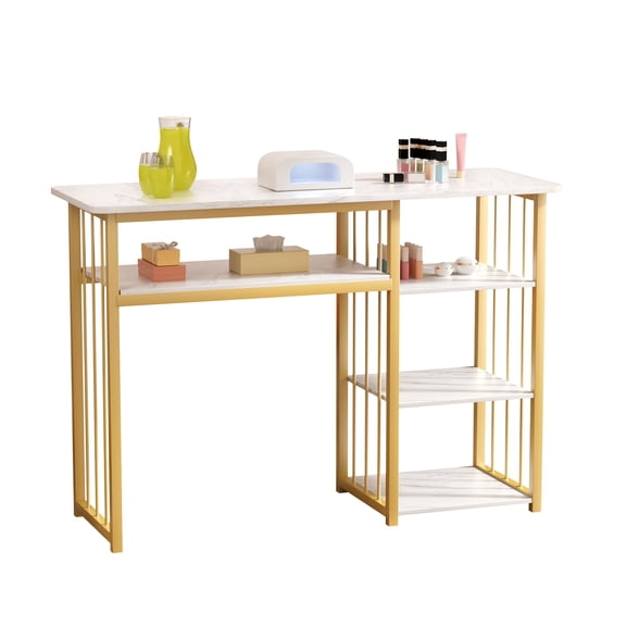 Lanzxjv Nail Table, Manicure Table Nail Station, Marbling Texture Manicure Desk with Multi Open Shelves, Nail Tech Desk for Beauty Salon Spa