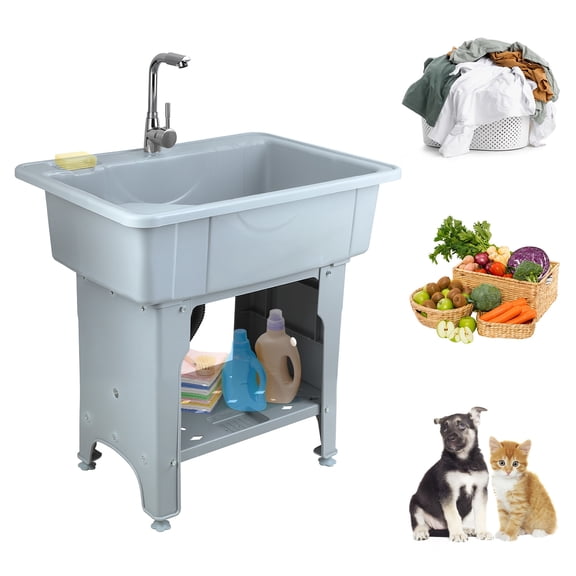 Lanzxjv Plastic Laundry Sink, Utility Sink Laundry Tub, Portable Hand Wash Station, Outdoor Sink with Hose Hook Up, Freestanding Laundry Sink with Removable Washboard, for Washing Room, Backyard