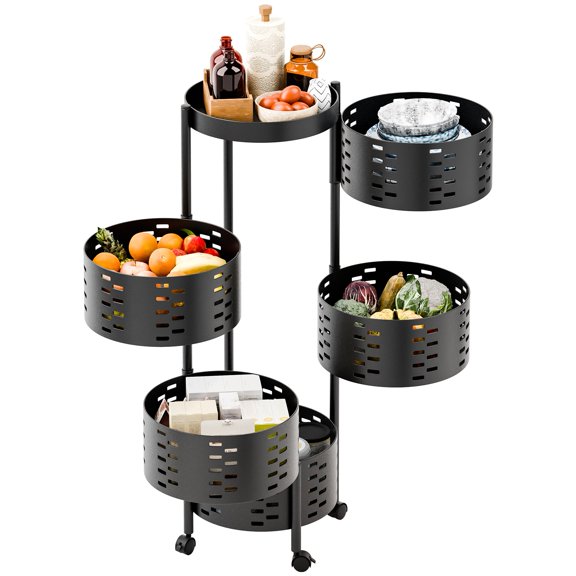 Lanzxjv Rotating Trolley, Kitchen Trolley, Rotating Kitchen Storage Shelves, Kitchen Vegetable Storage Organizer, Fruit Basket Floor Stand Shelf Fruit Tower, 4/5 Tiers