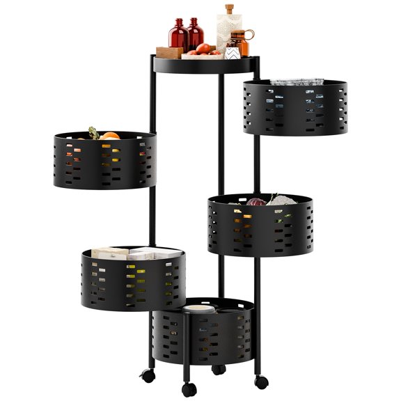 Lanzxjv Rotating Trolley, Kitchen Trolley, Rotating Kitchen Storage Shelves, Kitchen Vegetable Storage Organizer, Fruit Basket Floor Stand Shelf Fruit Tower, 4/5 Tiers