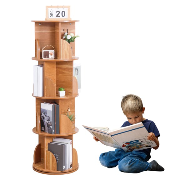Lanzxjv Spinning Bookshelf, 360 Rotation Display 4 Tier Floor Standing Bookcase, Small Corner Bookcase for Small Space, Kids Room Book Storage Organizer, Narrow Book Shelf, Brown