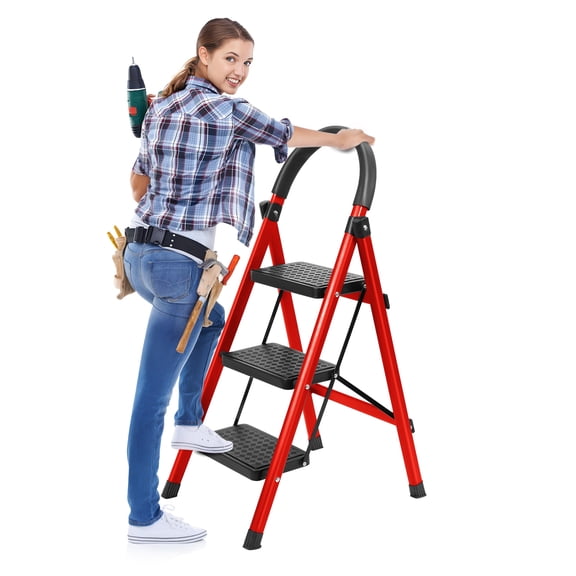 Lanzxjv Step Ladder, 3 Step Ladder Folding Step Stool, Multi-Purpose Collapsible Ladder for Home or RV Outdoor Work, Heavy Duty 330 lbs Load (White, Red)