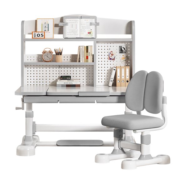 Lanzxjv Study Desk And Chair Set for Kids, Height Adjustable Ergonomic Learning Table with Tiltable Desktop, Large Storage Drawer, Bookshelf, Hand-Cranked Lift, Sturdy Student Workstation