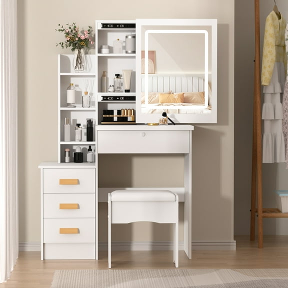 Lanzxjv Vanity Desk with Sliding Mirror and Lights, Bedroom Dressing Table, Makeup Table with Drawers & Shelves, Hidden Storage Space