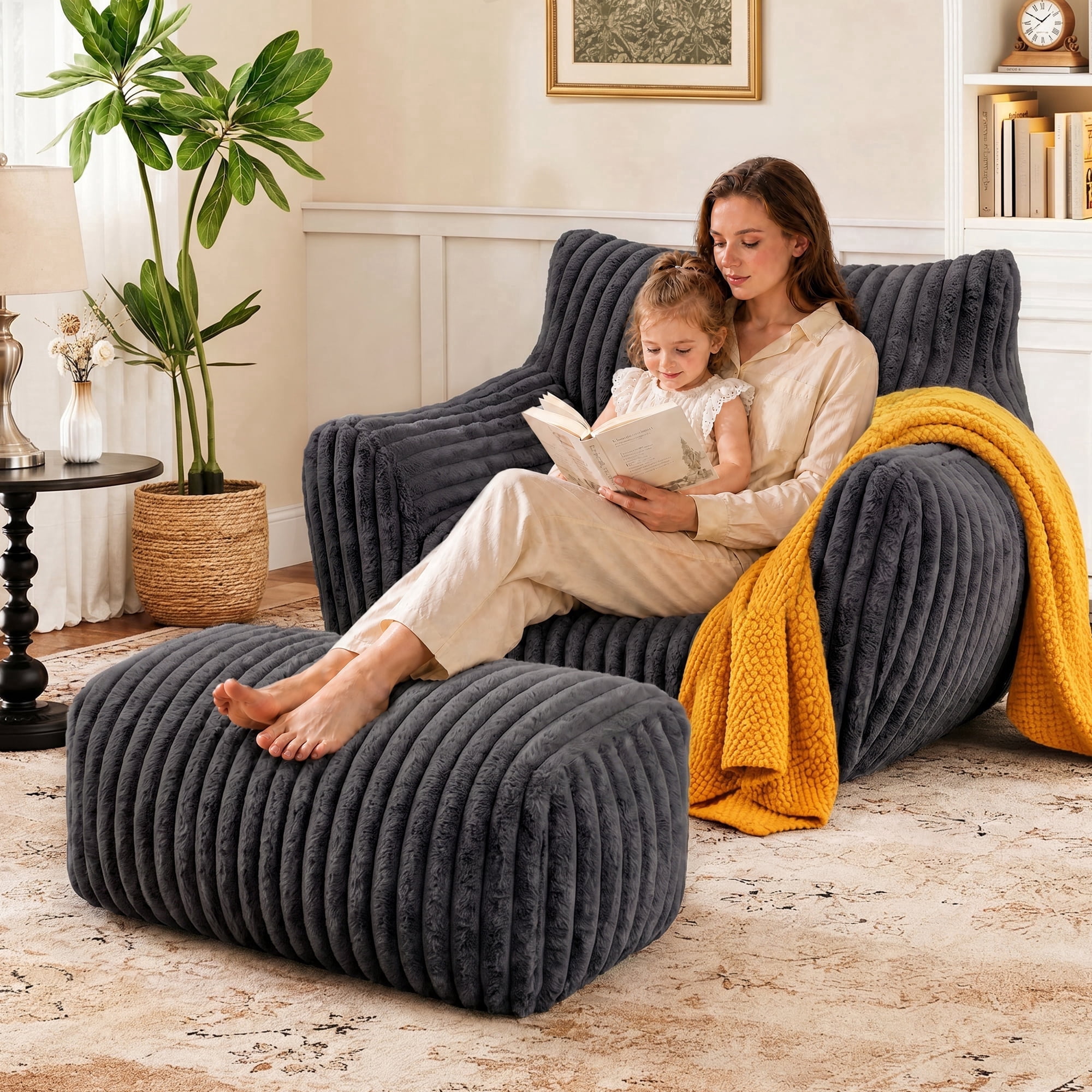 LaoGeoRon Bean Bag Chair for Adults with Ottomans,Memory Foam Filling ...
