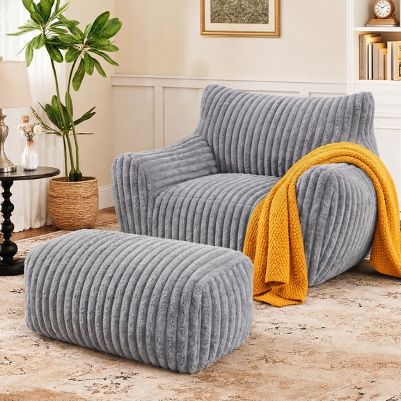 LaoGeoRon Bean Bag Chair with Footrest, High-density Shredded Foam-filled Bean Bag Sofa with Armrests, Removable and Washable Cover, Suitable for Living Rooms and Bedrooms, Gray