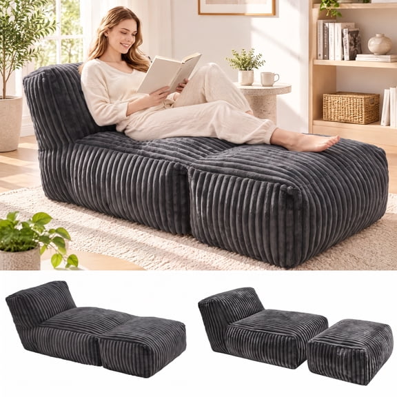 LaoGeoRon Bean Bag Chairs, 2-in-1 Convertible Bean Bag Lounger Chair, Memory Foam Giant Bean Bag Chair for Adults with Footrest