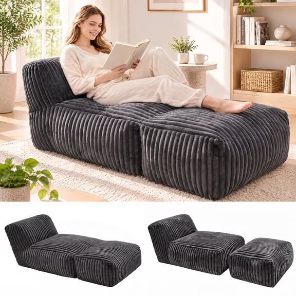 LaoGeoRon Bean Bag Chairs, 2-in-1 Convertible Bean Bag Lounger Chair, Memory Foam Giant Bean Bag Chair for Adults with Footrest