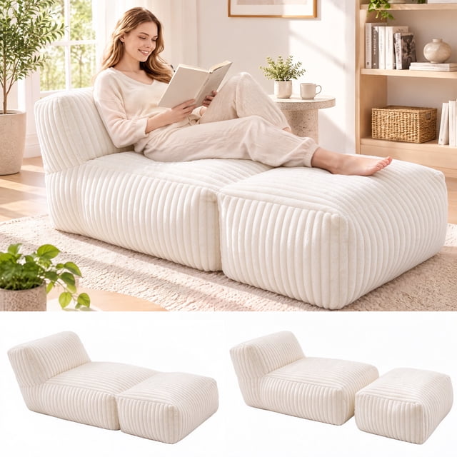 LaoGeoRon Bean Bag Chairs, 2-in-1 Convertible Bean Bag Lounger, Memory ...