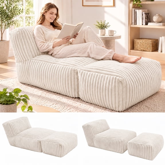 LaoGeoRon Bean Bag Chairs, 2-in-1 Convertible Bean Bag Lounger, Memory Foam Bean Bag Chair for Adults with Detachable Footrest