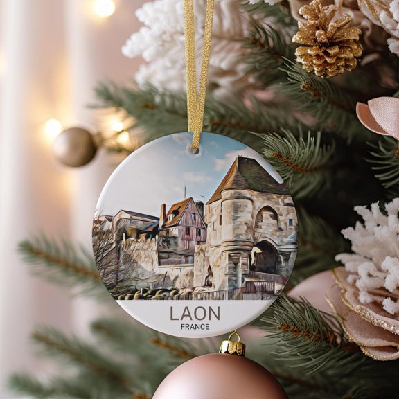 Laon Christmas Ornament Laon Travel Decor Laon Gift Travel Gift Laon Festive Keepsake Christmas Tree Decoration 2D FLAT CIRCLE Ceramic Ornament