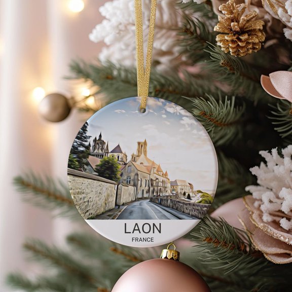 Laon Travel Souvenir Ornament Christmas Tree Decoration Laon Gift Festive Keepsake Unique Christmas 2D FLAT CIRCLE Ceramic Ornament