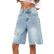 Short Denim & Co. Femme Coton Bleu – Taille 6, Coupe Boyfriend, Taille Mid, Bord Frangé