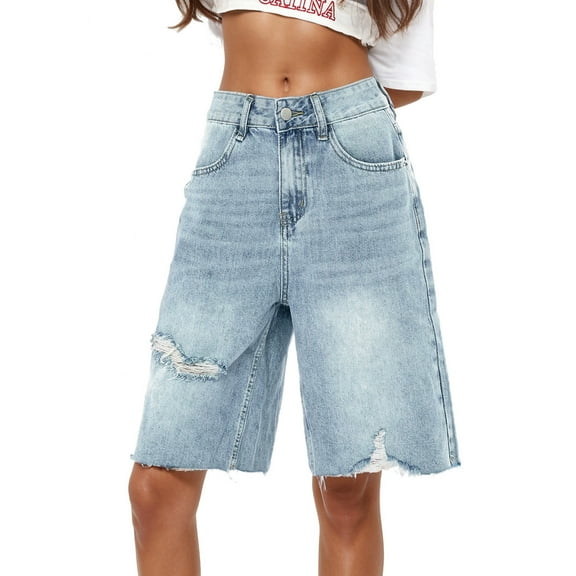 Laonim Women's Ripped Jeans Shorts Casual Loose Boyfriend Summer Knee Length Casual Denim Shorts Long Pants with Pockets