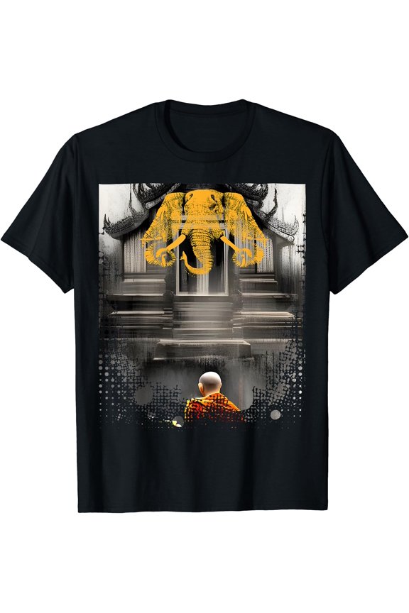 Laos 3 Head Elephant & Lao Monk Asian Buddhist Temple Flag T-Shirt , Vintage T-Shirt