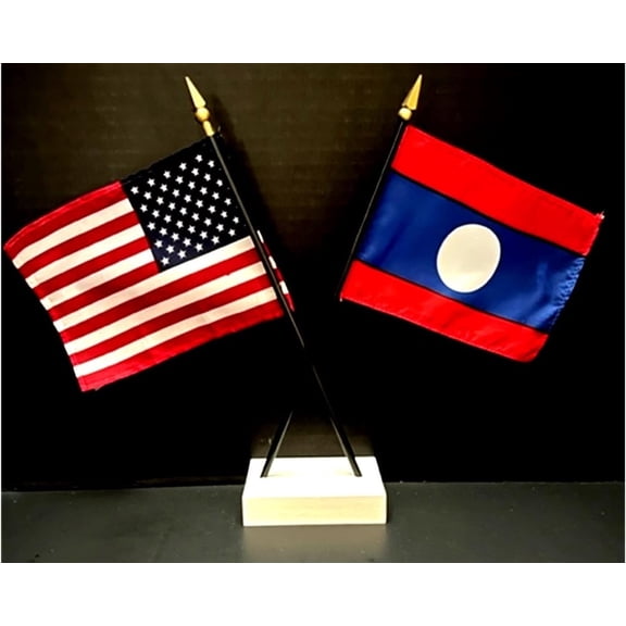 Laos Desk Flag Set; Contains One USA and One Country Flag with a White Crossed Base, American Made