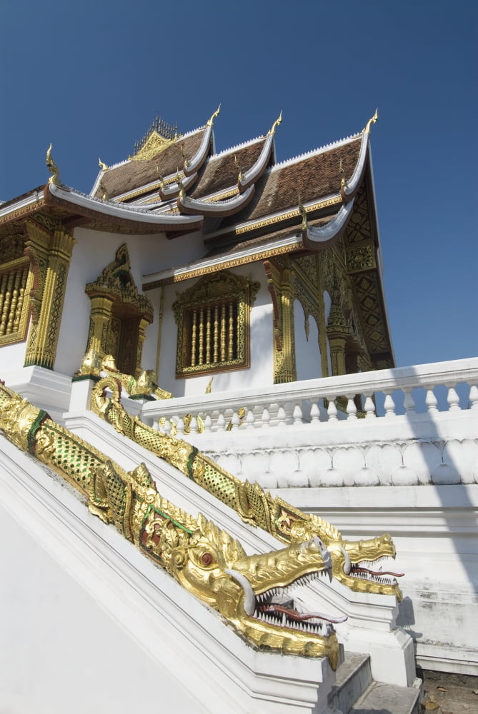 Laos Luang Prabang Wat Sen Architectural detail of dragpns along side of building Canvas Art - Richard Maschmeyer Design Pics (12 x 18)