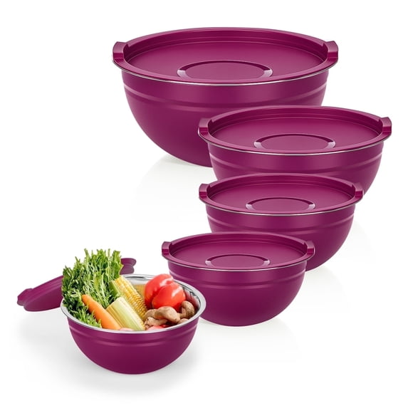 Laoyebaoho Mixing Bowls with Lids, 5 Pcs Stainless Steel Nesting Mixing Bowls for Kitchen,Great for Cooking, Purple