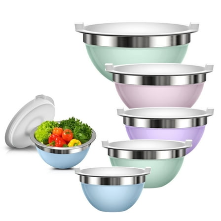 Laoyebaoho Stainless Steel Mixing Bowls Set of 5, Mixing Bowls with Lids,Morandi Color Bowls for Kitchen,Great for Cooking, Baking, Serving