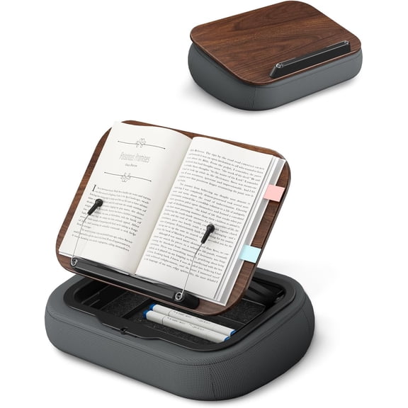 Lap Book Pillow Stand with Storage, Adjustable Beanbag Reading Pillow with Dark Wood Panel, Multi-Angle Book Holder for Hands-Free Reading in Bed or Sofa,Book Lover Essential,Soft Cushion