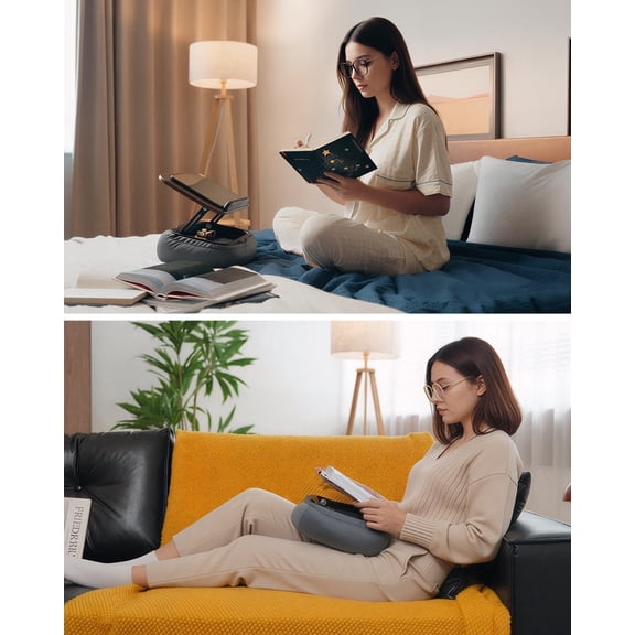 Lap Book Pillow Stand with Storage, Adjustable Beanbag Reading Pillow with Dark Wood Panel, Multi-Angle Book Holder for Hands-Free Reading in Bed or Sofa,Book Lover Essential,Soft Cushion