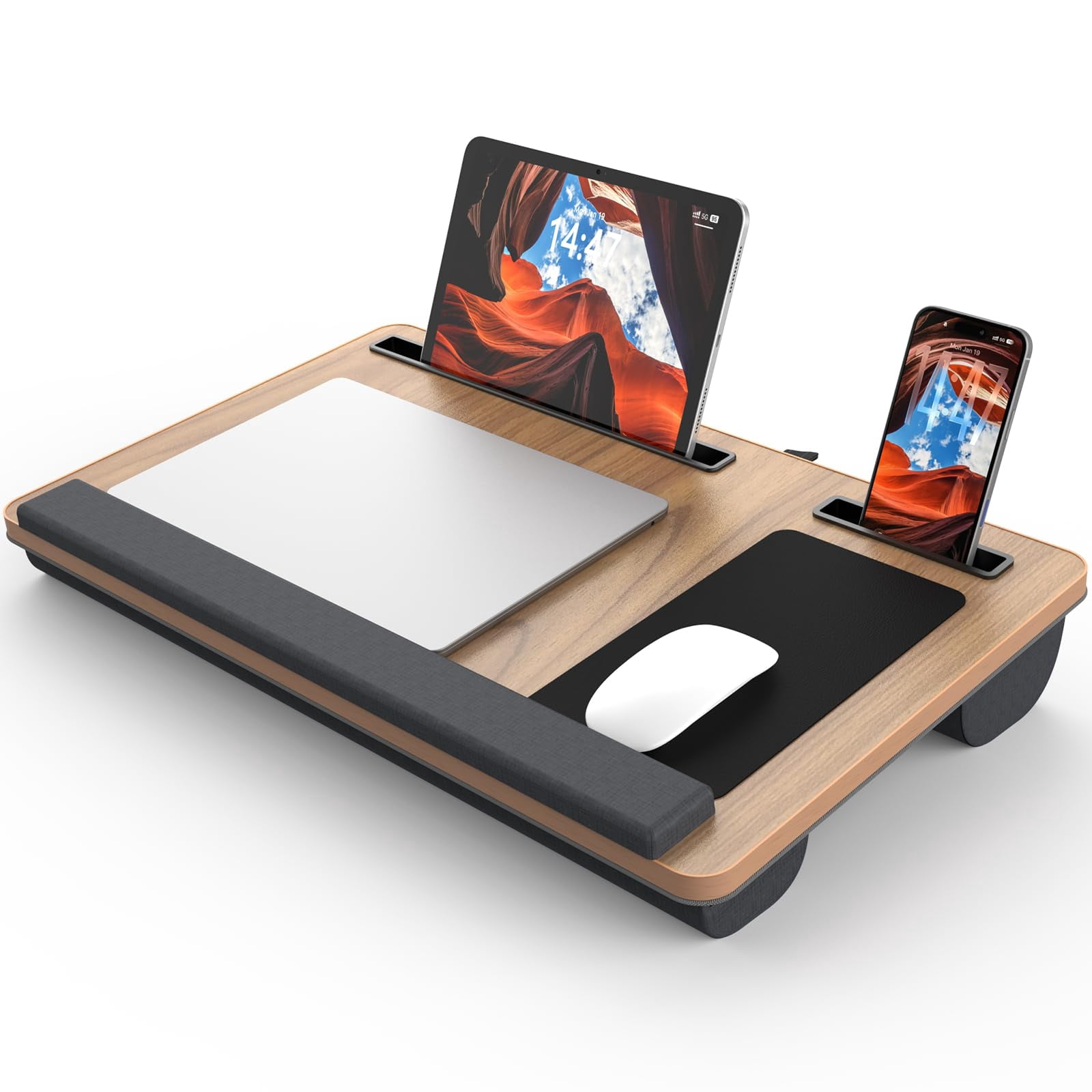 Lap Desk - Up To 17" Laptop With Wrist Rest  Portable Handle 2 Self-adhesive Pvc Mouse Pads Tablet & Phone Slots Stand For Bed Cushion (dark Brown Woodgrain)