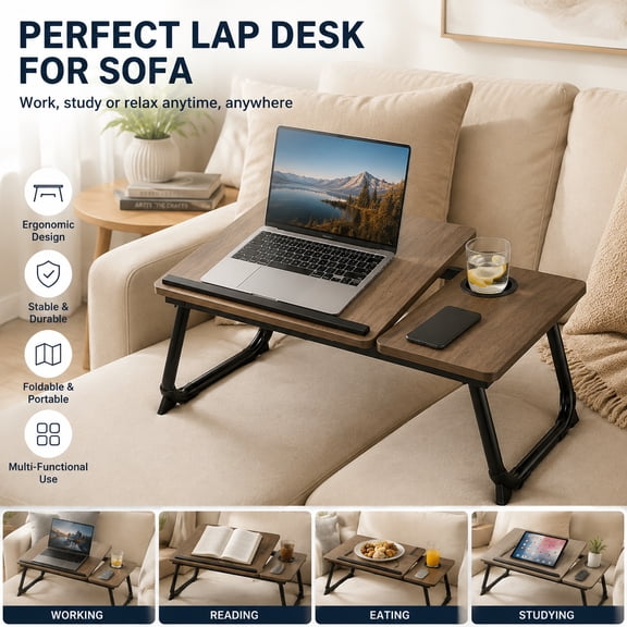 Lap Desk for Bed, Adjustable Laptop Table with 5-Level Height Settings, Portable Foldable Bed Tray Table with Cup Holder, Ergonomic Bed Table for Laptop, Reading, Eating, Home Office