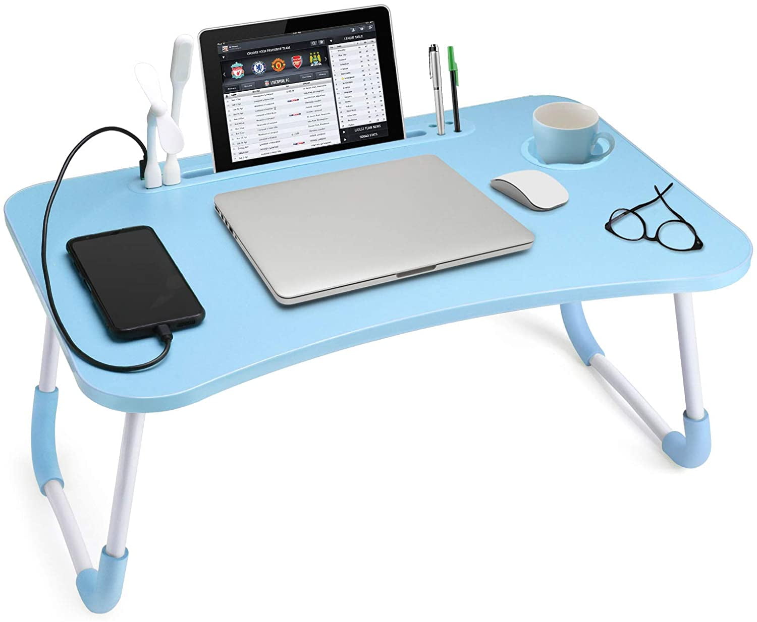 Lap Desk with Cup Holder, Foldable Laptop Table for Bed, Portable Bed Desk for Laptop and Writing, Computer Tray with Tablet Slot, Notebook Stand Reading Holder for Couch Sofa Floor,Blue