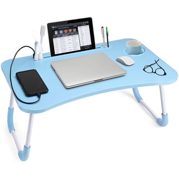 Lap Desk with Cup Holder, Foldable Laptop Table for Bed, Portable Bed Desk for Laptop and Writing, Computer Tray with Tablet Slot, Notebook Stand Reading Holder for Couch Sofa Floor,Blue