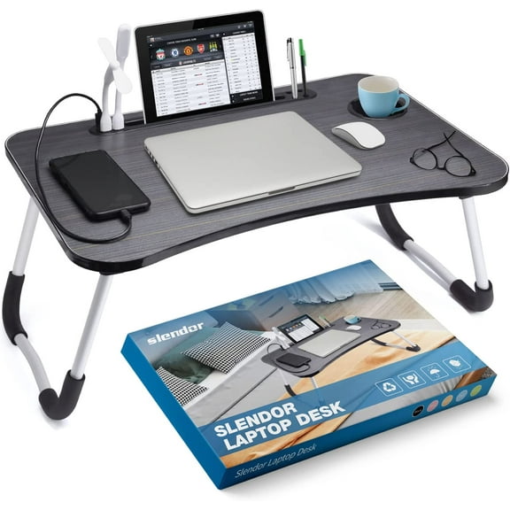 Lap Desk with Cup Holder, Foldable Laptop Table for Bed, Portable Bed Desk for Laptop and Writing, Computer Tray with Tablet Slot, Notebook Stand Reading Holder for Couch Sofa Floor,Black