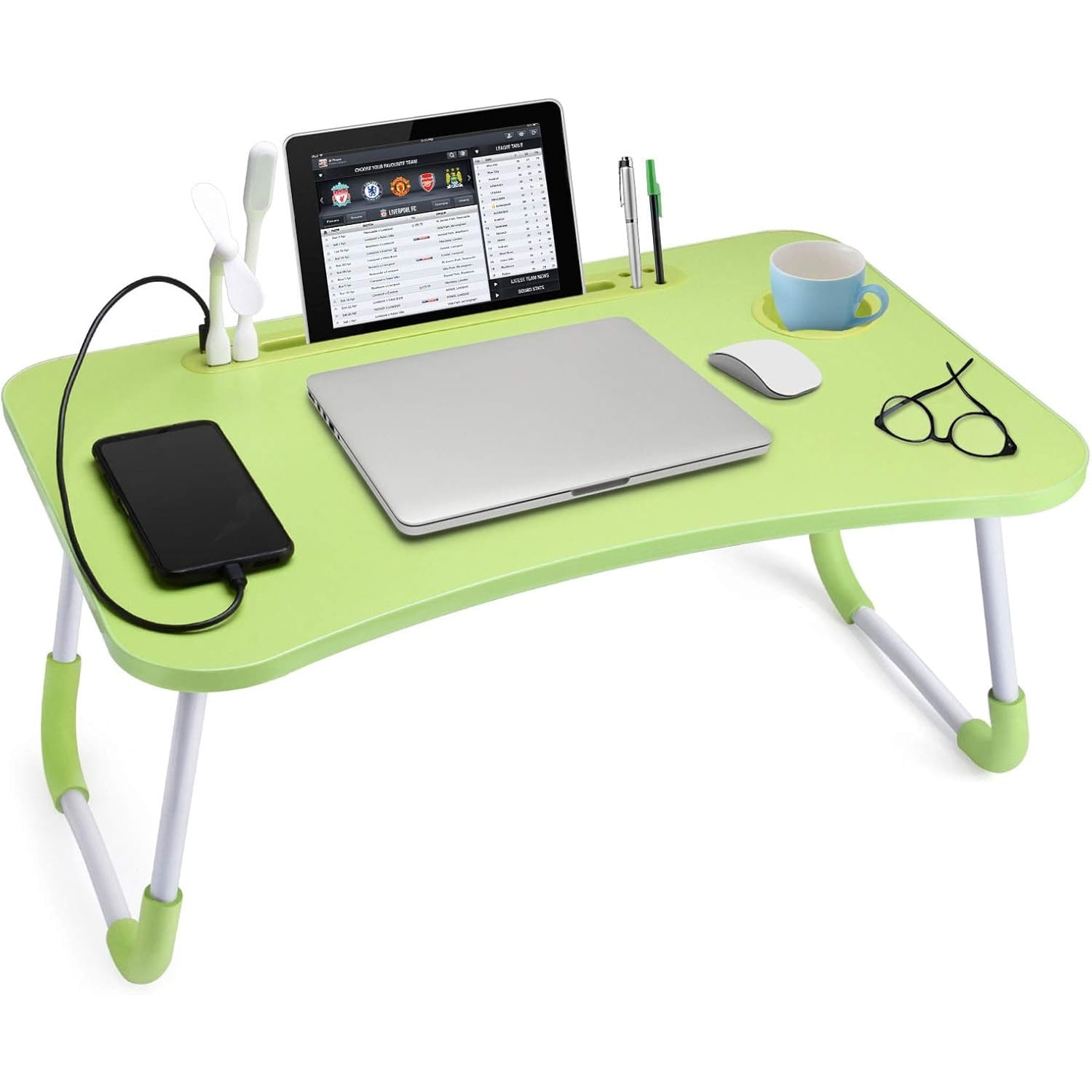 Lap Desk with Cup Holder, Foldable Laptop Table for Bed, Portable Bed Desk for Laptop and Writing, Computer Tray with Tablet Slot, Notebook Stand Reading Holder for Couch Sofa Floor,Green