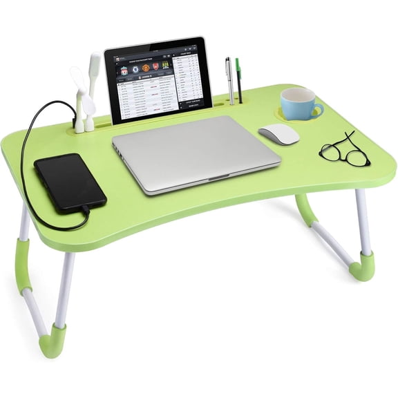 Lap Desk with Cup Holder, Foldable Laptop Table for Bed, Portable Bed Desk for Laptop and Writing, Computer Tray with Tablet Slot, Notebook Stand Reading Holder for Couch Sofa Floor,Green
