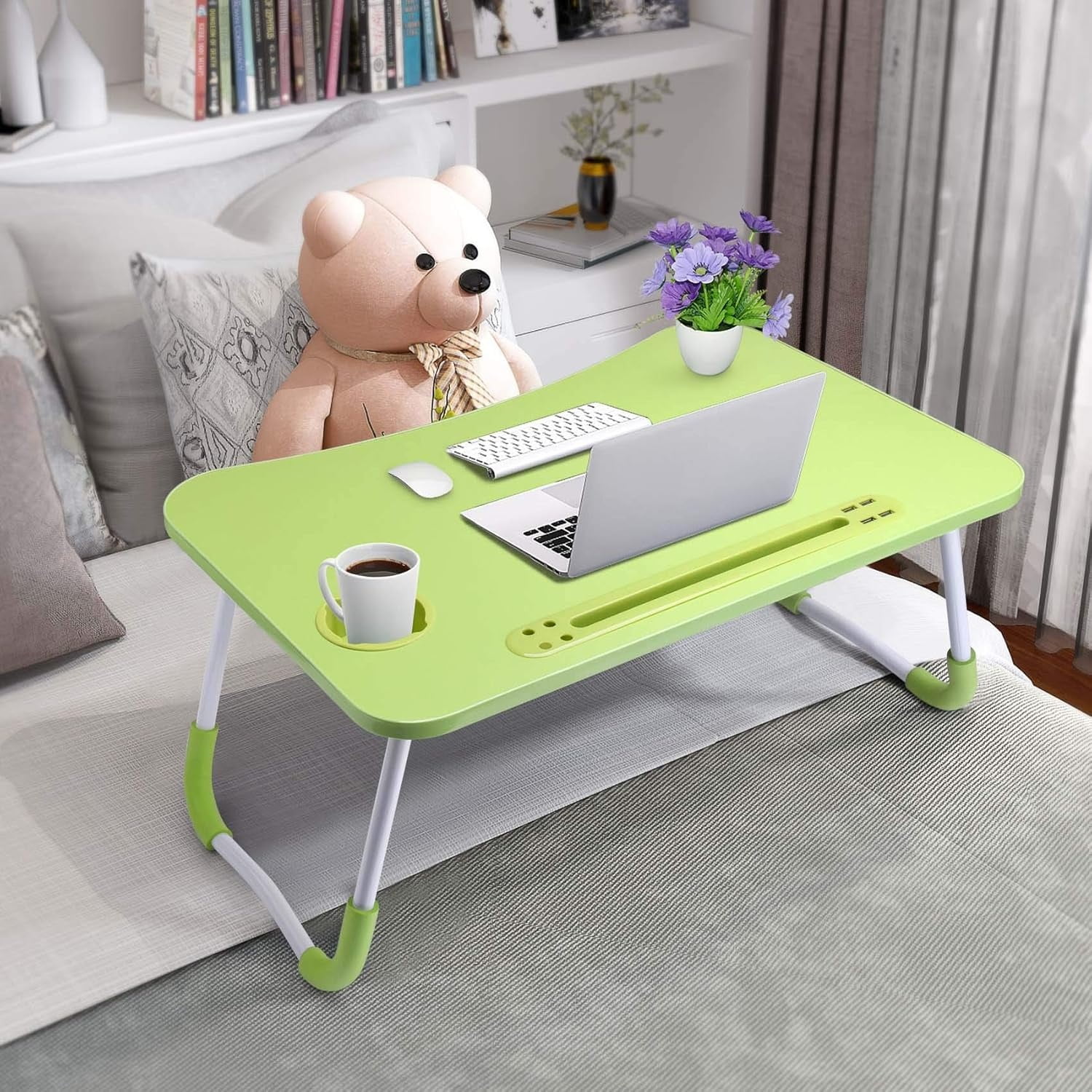 Lap Desk with Cup Holder, Foldable Laptop Table for Bed, Portable Bed Desk for Laptop and Writing, Computer Tray with Tablet Slot, Notebook Stand Reading Holder for Couch Sofa Floor,Green