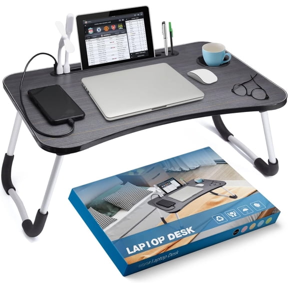 Lap Desk with Cup Holder, Foldable Laptop Table for Bed, Portable Bed Desk for Laptop and Writing, Computer Tray with Tablet Slot, Notebook Stand Reading Holder for Couch Sofa Floor,Black